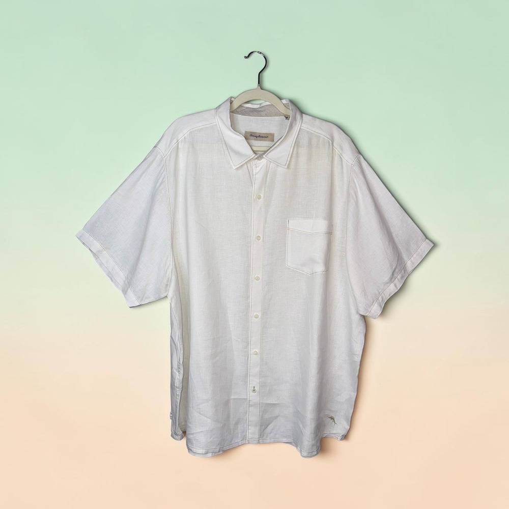 Tommy Bahama Linen Shirt Mens XXL White Short Sleeve Button Up Camp Marlin Logo